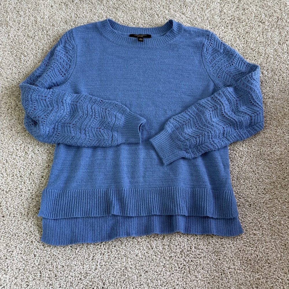 Christian Siriano Sweater Womens Med Blue Open Knit Crochet Long Sleeve Pullover